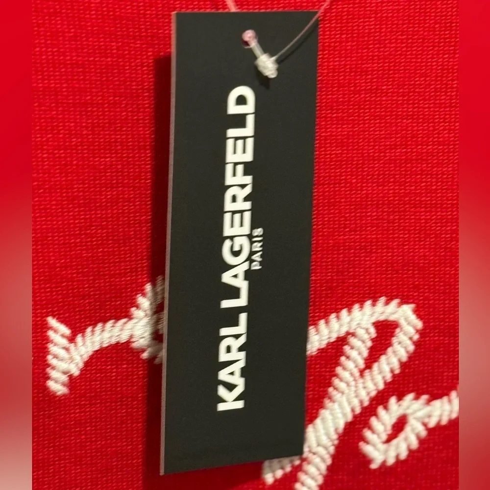 Karl Lagerfeld NWT Sz L Signature Karl Red White Embroidered Knit Sweater (0549) - Picture 10 of 11